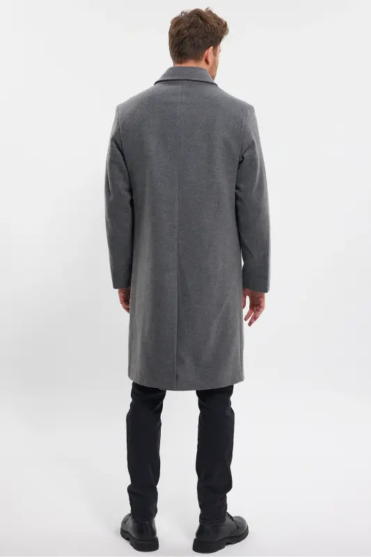 Men's Grey Long Regular Fit Wool Coat-GRAY - 8