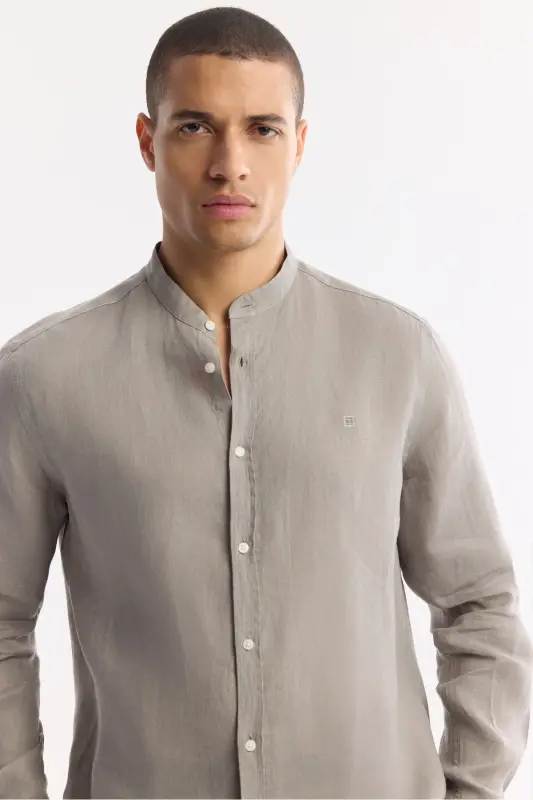 Men's Grey Mandarin Collar 100% Linen Shirt B002035-Grey - 2