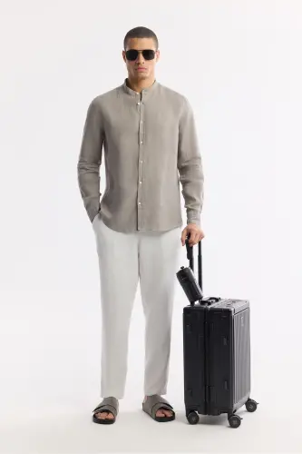 Men's Grey Mandarin Collar 100% Linen Shirt B002035-Grey - 6