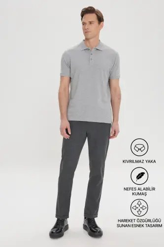 Men's Grey Melange 100% Cotton Non-Iron Pique Polo Neck Slim Fit Slim Cut T-Shirt - ALTINYILDIZ CLASSICS (1)