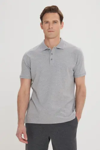 Men's Grey Melange 100% Cotton Non-Iron Pique Polo Neck Slim Fit Slim Cut T-Shirt - 6