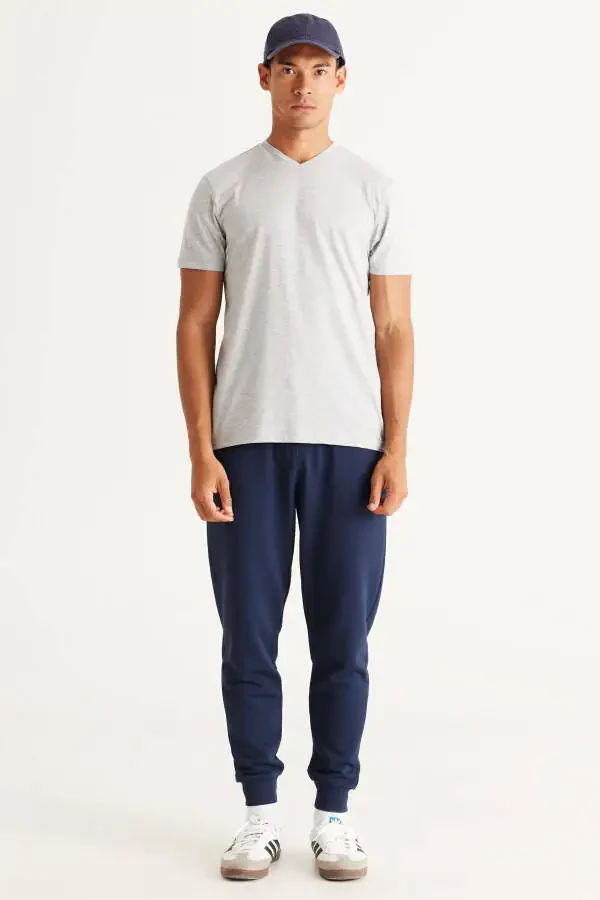 Men's Grey Melange-Black 2-Pack V-Neck 100% Cotton Slim Fit - 4