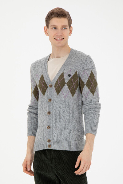 Men's Grey Melange Knit Cardigan - 3