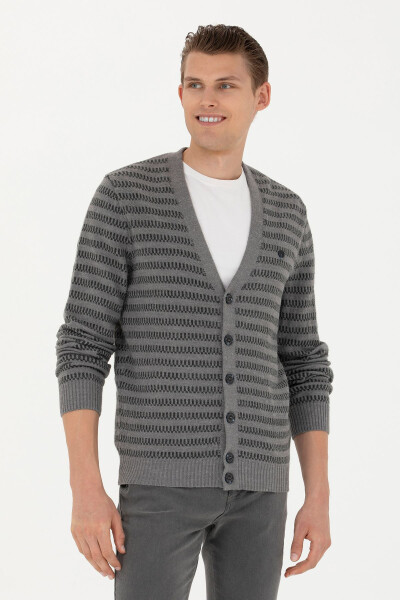 Men's Grey Melange Knit Cardigan - 1