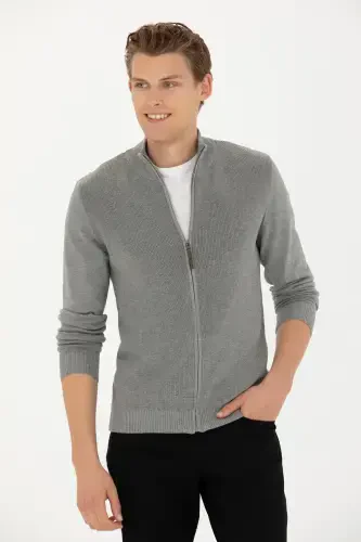 Men's Grey Melange Knitted Cardigan 50277375-vr086-Grey Melange - 1