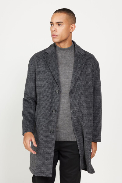 Men's Grey Oversized Loose Fit Single Breasted Patterned Wool Coat - 7