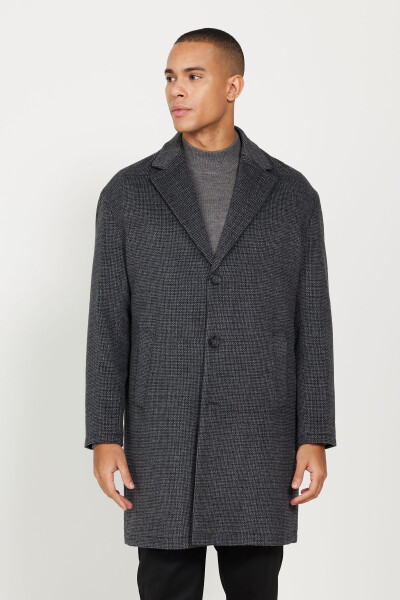 Men's Grey Oversized Loose Fit Single Breasted Patterned Wool Coat - 11