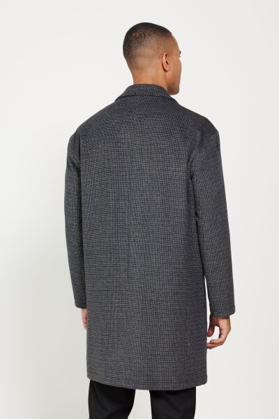 Men's Grey Oversized Loose Fit Single Breasted Patterned Wool Coat - 14