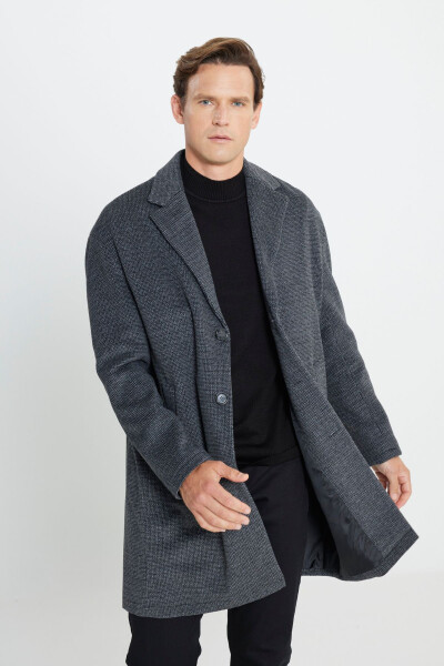 Men's Grey Oversized Loose Fit Single Breasted Patterned Wool Coat - 1