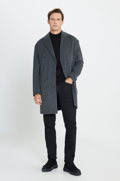 Men's Grey Oversized Loose Fit Single Breasted Patterned Wool Coat - 2