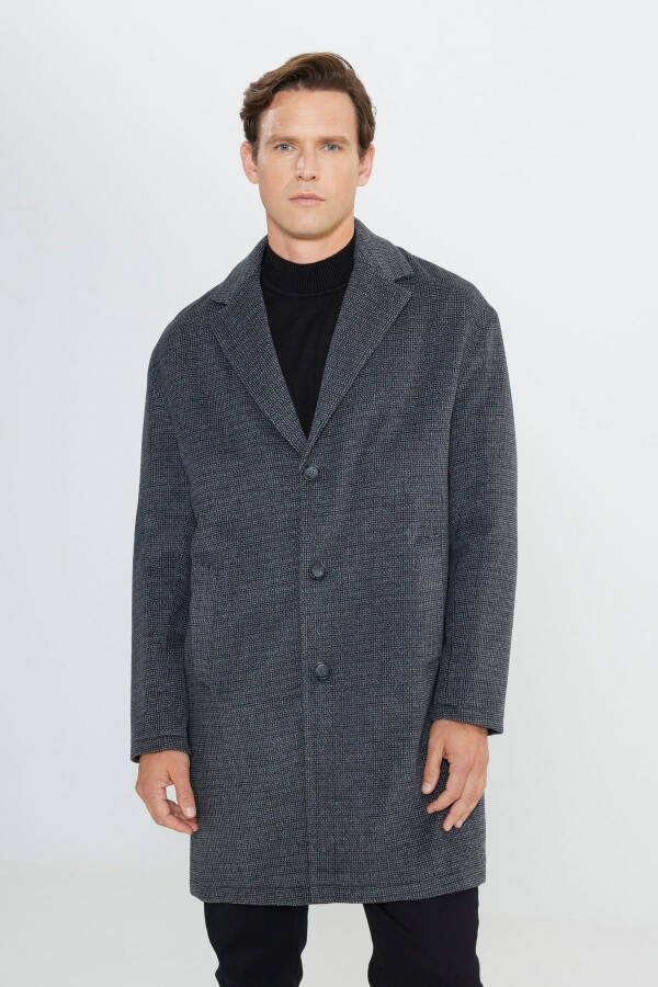 Men's Grey Oversized Loose Fit Single Breasted Patterned Wool Coat - 3