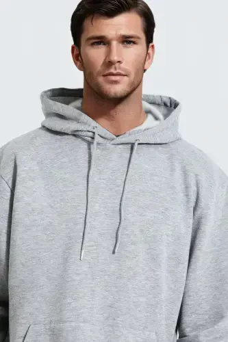 Men's Grey Plain Oversized 3 Thread Brushed Relaxed Loose Fit Hoodie Sweatshirt-Grey - 3