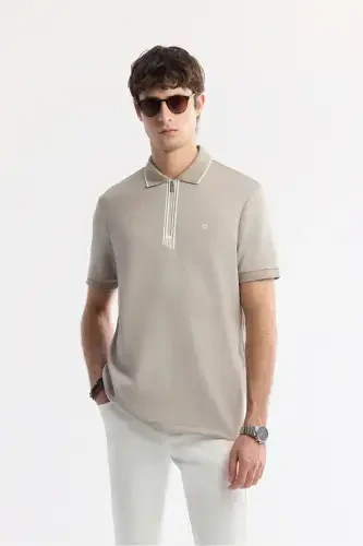Men's Grey Polo Collar Printed Bi Stretch Interlock T-shirt A51y1007-Grey - 1