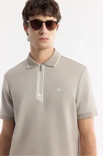 Men's Grey Polo Collar Printed Bi Stretch Interlock T-shirt A51y1007-Grey - AVVA (1)