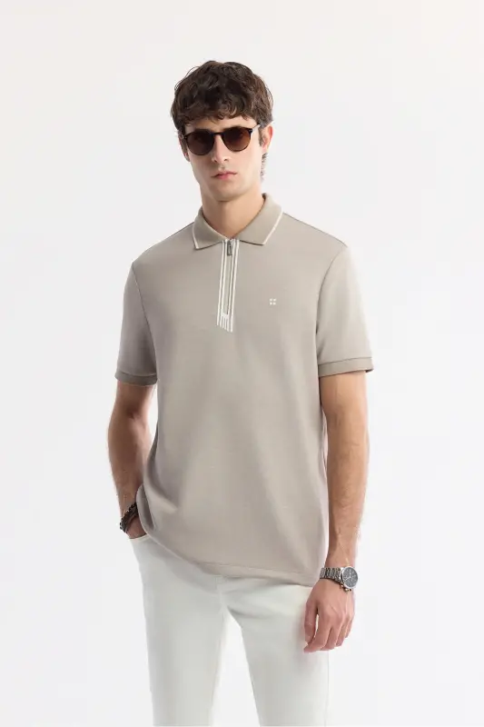 Men's Grey Polo Collar Printed Bi Stretch Interlock T-shirt A51y1007-Grey - AVVA