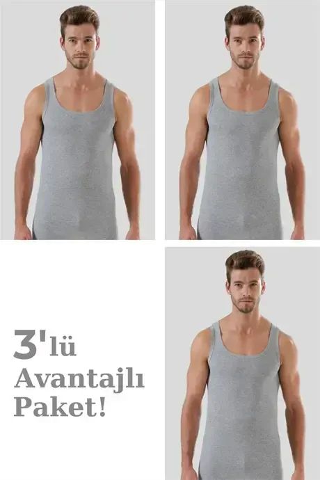 Men's Grey Ribbed Tank Top 3-Pack 100% Cotton - BÜYÜKBEDENIZ