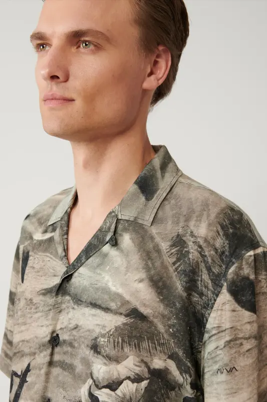 Men's Grey Shirt Apaj Collar Viscose Theme Pattern Oversize Fit A41y2218 - 3