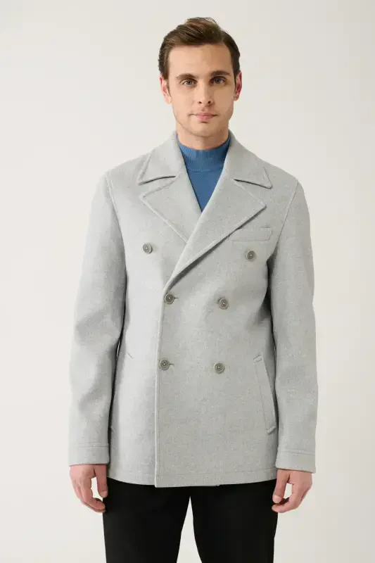 Men's Grey Short Coat, double breasted closure, lined, comfort fit. - AVVA