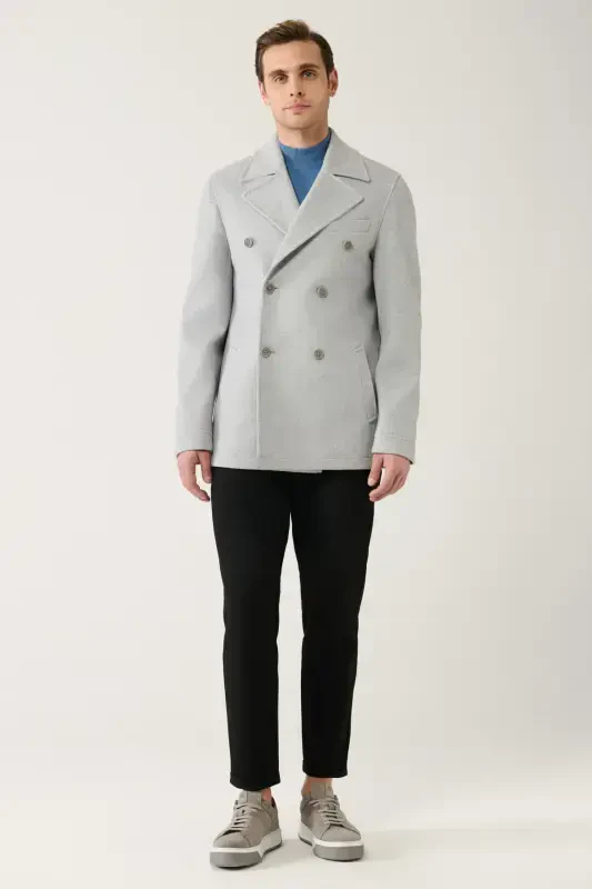 Men's Grey Short Coat, double breasted closure, lined, comfort fit. - 5