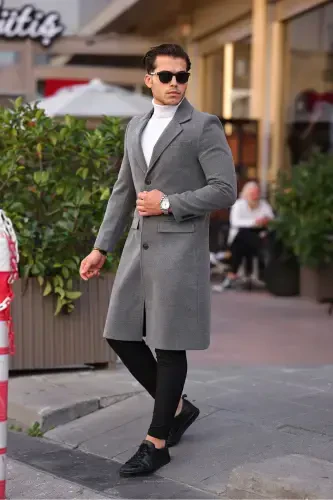 Men's Grey Slim Fit Long Wool Blend Overcoat-GRAY - 1