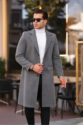 Men's Grey Slim Fit Long Wool Blend Overcoat-GRAY - MERO LIFE (1)