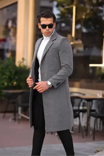 Men's Grey Slim Fit Long Wool Blend Overcoat-GRAY - 3