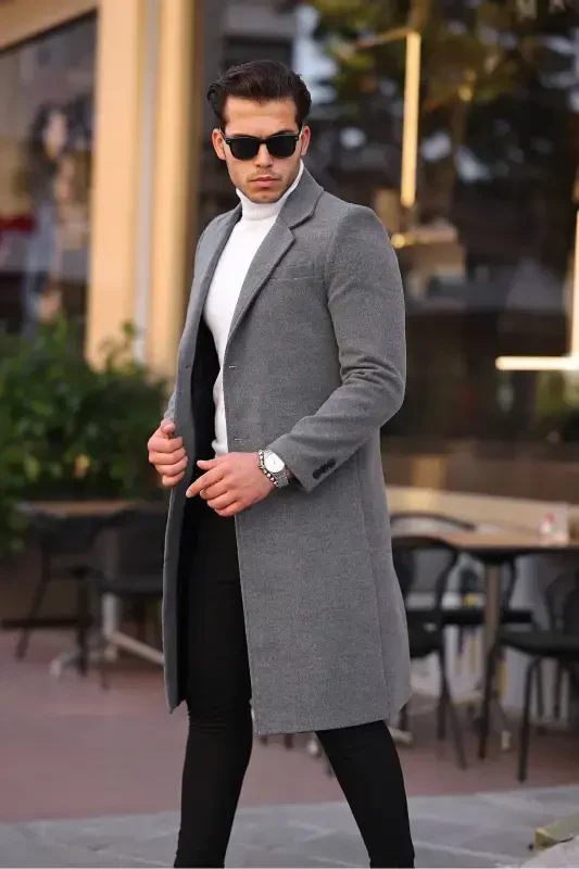 Men's Grey Slim Fit Long Wool Blend Overcoat-GRAY - 3