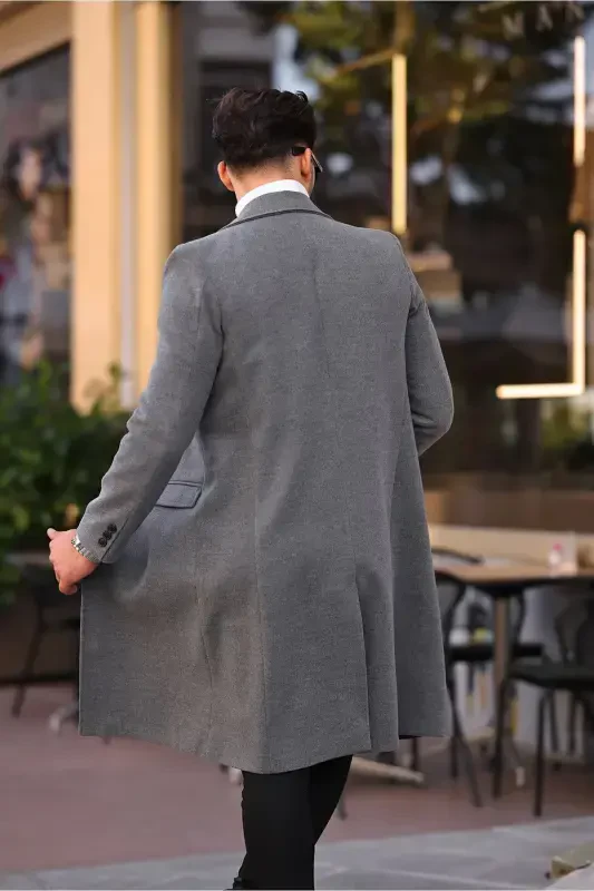 Men's Grey Slim Fit Long Wool Blend Overcoat-GRAY - 4
