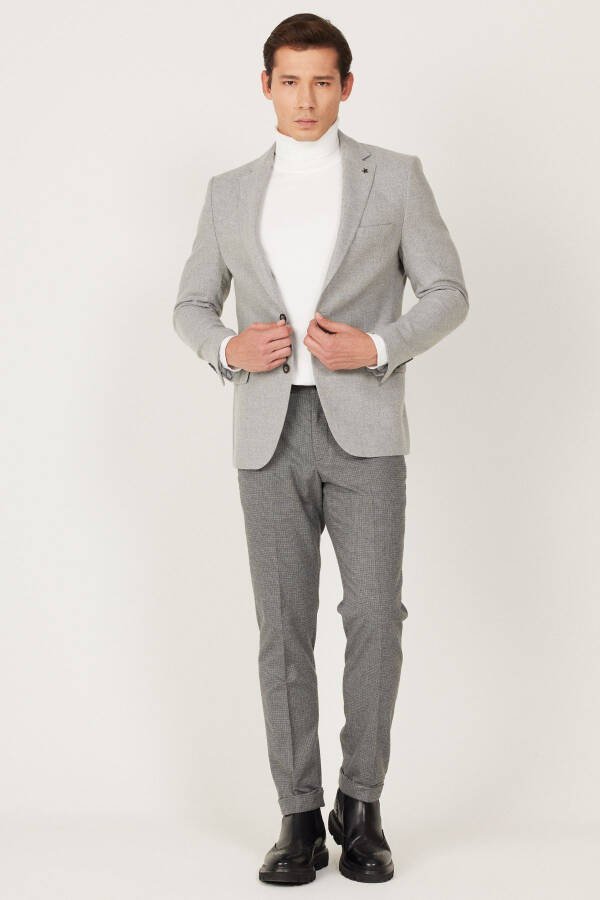 Men's Grey Slim Fit Narrow Cut Mono Collar Patterned Wool - 2