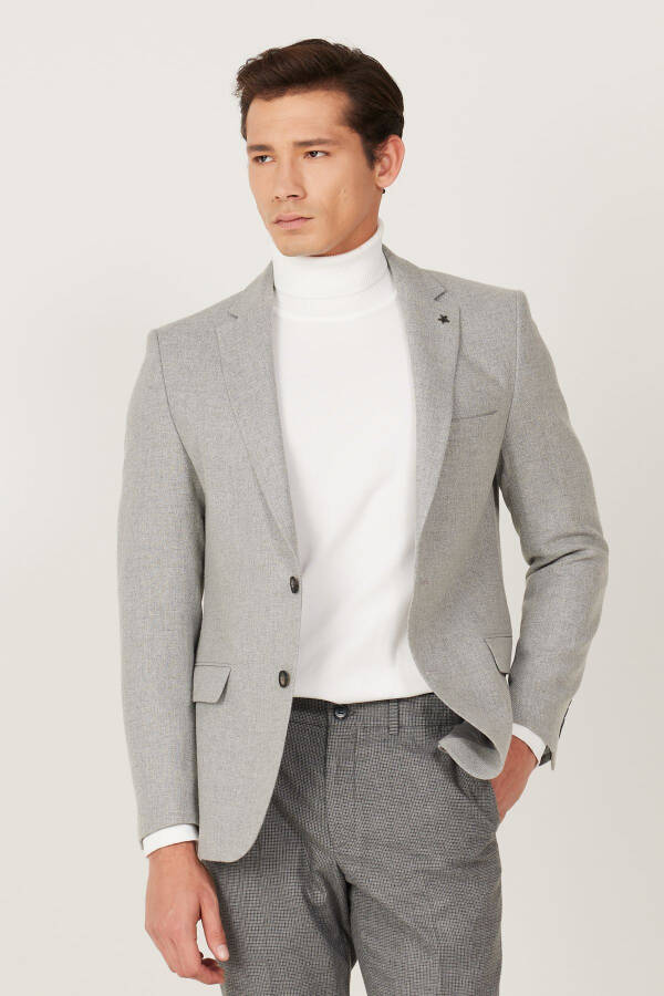 Men's Grey Slim Fit Narrow Cut Mono Collar Patterned Wool - 4