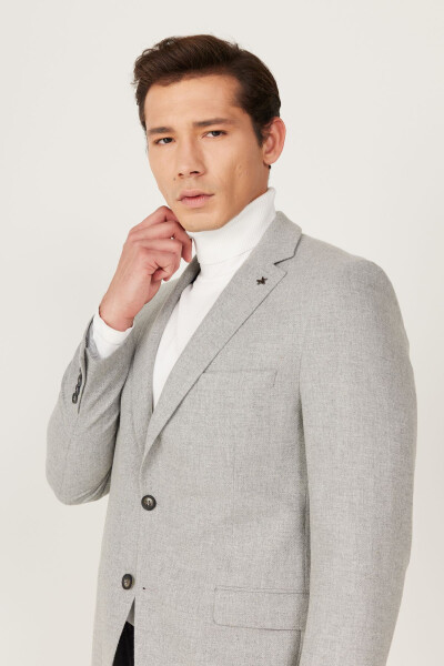 Men's Grey Slim Fit Narrow Cut Mono Collar Patterned Wool - 5