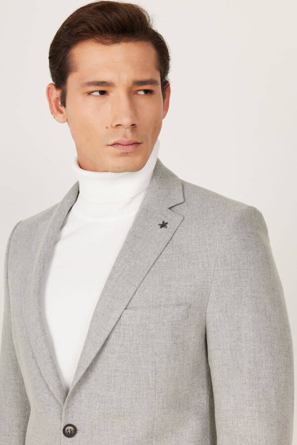 Men's Grey Slim Fit Narrow Cut Mono Collar Patterned Wool - 6