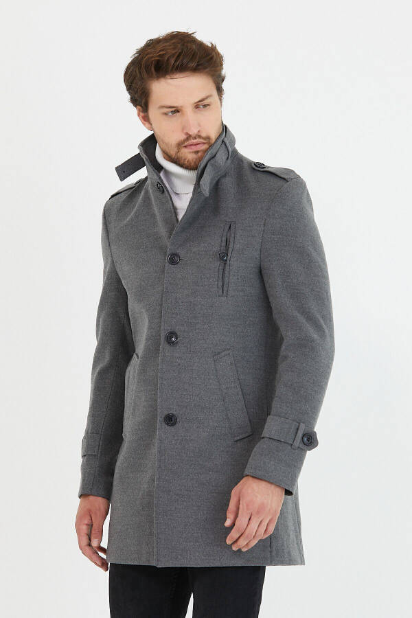 Men's Grey Slim Fit Notch Lapel Long Wool Blend Cashmere Coat - 12