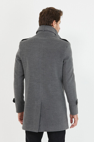 Men's Grey Slim Fit Notch Lapel Long Wool Blend Cashmere Coat - 7