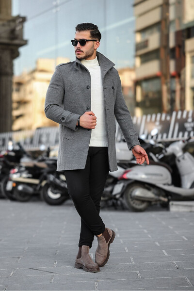 Men's Grey Slim Fit Notch Lapel Long Wool Blend Cashmere Coat - MERO LIFE (1)