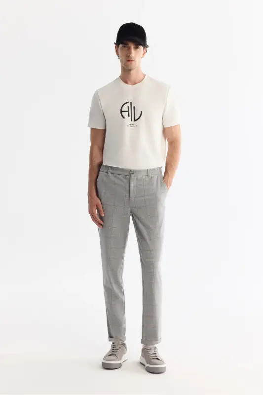 Men's Grey Slim Fit Side Elastic Plaid Double Hem - AVVA