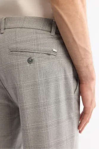 Men's Grey Slim Fit Side Elastic Plaid Double Hem - 5