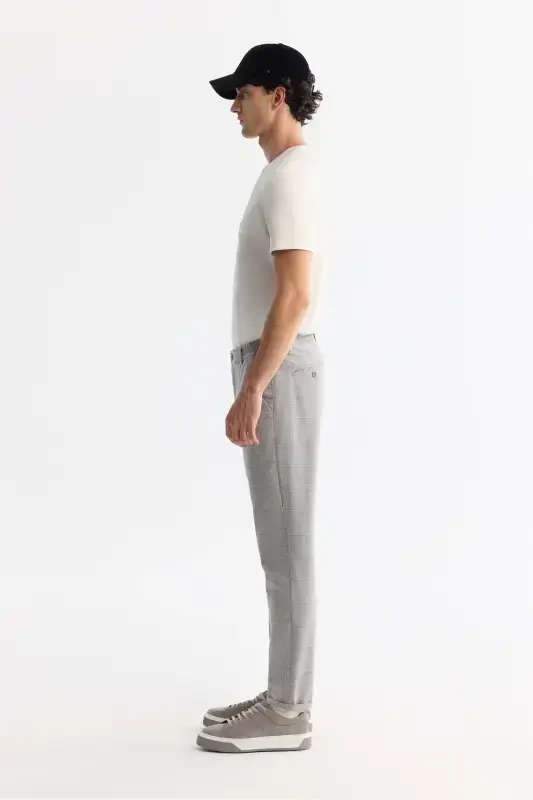 Men's Grey Slim Fit Side Elastic Plaid Double Hem - 2