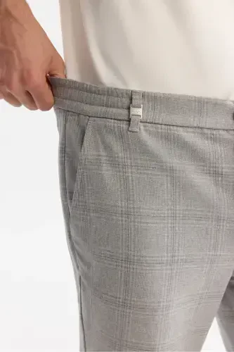Men's Grey Slim Fit Side Elastic Plaid Double Hem - 4