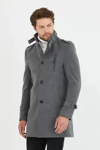Men's Grey Slim Fit Stand-Up Collar Long Wool Blend Overcoat-Grey - 1