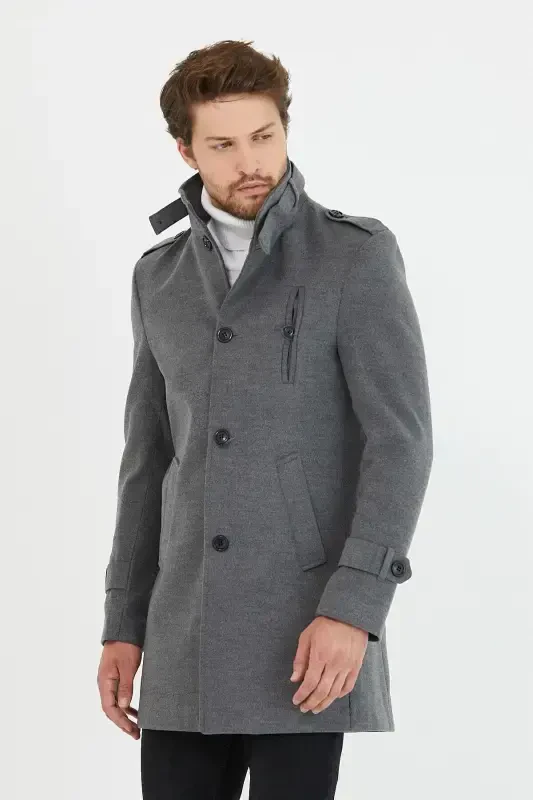 Men's Grey Slim Fit Stand-Up Collar Long Wool Blend Overcoat-Grey - 1