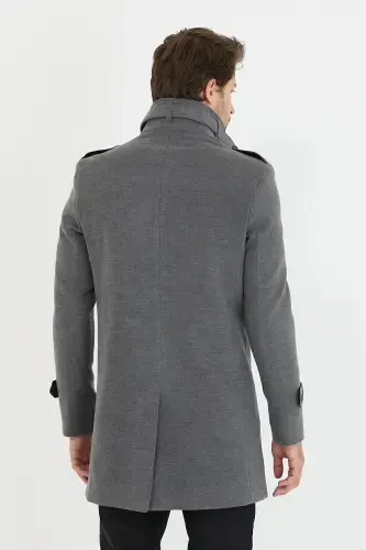 Men's Grey Slim Fit Stand-Up Collar Long Wool Blend Overcoat-Grey - MERO LIFE (1)