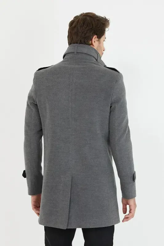 Men's Grey Slim Fit Stand-Up Collar Long Wool Blend Overcoat-Grey - 2