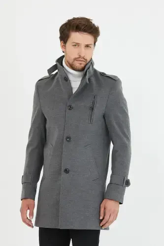 Men's Grey Slim Fit Stand-Up Collar Long Wool Blend Overcoat-Grey - 3
