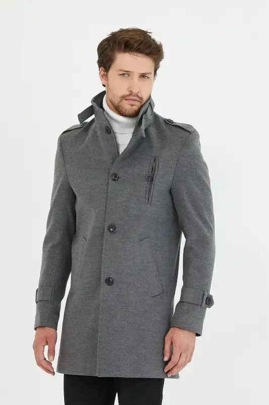 Men's Grey Slim Fit Stand-Up Collar Long Wool Blend Overcoat-Grey - 3