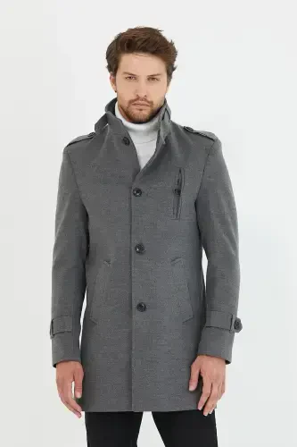 Men's Grey Slim Fit Stand-Up Collar Long Wool Blend Overcoat-Grey - 4