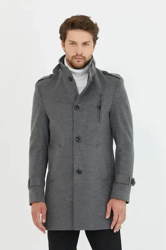 Men's Grey Slim Fit Stand-Up Collar Long Wool Blend Overcoat-Grey - 4