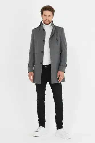 Men's Grey Slim Fit Stand-Up Collar Long Wool Blend Overcoat-Grey - 5