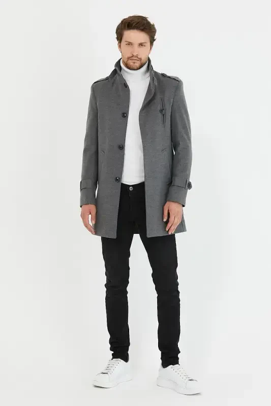 Men's Grey Slim Fit Stand-Up Collar Long Wool Blend Overcoat-Grey - 5