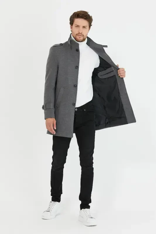 Men's Grey Slim Fit Stand-Up Collar Long Wool Blend Overcoat-Grey - 6